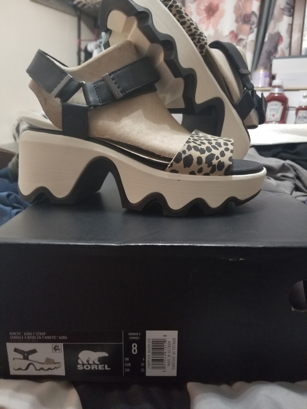 Sorel Black and Beige Leopard Platform Sandals